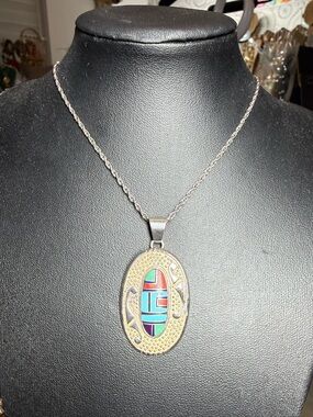 Sterling Silver Multicolor Inlay Oval Pendant Necklace
